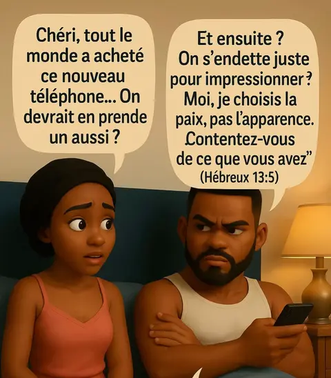 An animated image depicts a Black couple in bed, with a man holding a phone and a woman looking surprised, and thought bubbles showing text dialogue.