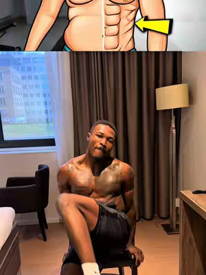 The cover image shows a split image. The top half shows a cartoon of a person with labeled body fat with an arrow that points to the abs. The bottom half of the image shows a man in an apartment. The man is sitting on a black chair shirtless. There is a hotel-style room.