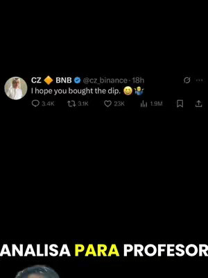 The cover image displays a screenshot of a tweet by CZ BNB from the Binance account regarding 'buying the dip'. The bottom of the image contains text in yellow that says 'ANALISA PARA PROFESOR'.