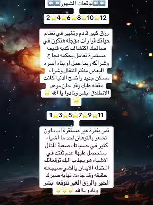 A vertical graphic featuring a night sky background with constellations and a gradient of colors. Overlaid on this space are text boxes in Arabic script, organizing information about monthly forecasts using numerical labels from 1 to 12.