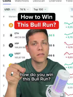 A man in a green shirt points at an open app screen on his phone while a text overlay asks how to win the Bitcoin 'bull run'. The background displays stock market data with green and red trending lines, suggesting a financial context. A black and red title bar asks, 'How to win this Bull Run?'.