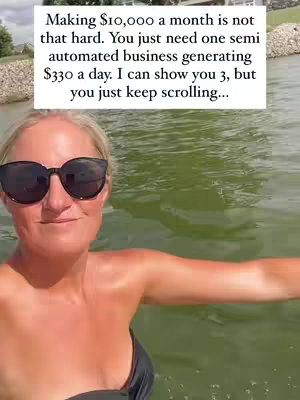 A woman wearing sunglasses is positioned in the water, likely swimming, in front of a body of water. She's smiling slightly. Above her head is text within a white box.