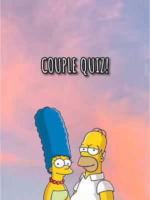 The image is a vertical graphic featuring the Simpsons characters, Marge and Homer, against a background of a pink and purple gradient, resembling a sunset or sunrise. Marge Simpson, with her iconic blue, towering hair, is positioned on the left. Homer Simpson, with his yellow skin and a white shirt, is next to her. A text overlay at the top reads 'COUPLE QUIZ!' in a bold, white, sans-serif font with a black outline.