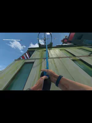 A first-person perspective from a video game, showing hands holding onto a blue rope while climbing up a building. The upper part of the frame shows the sky and parts of buildings.