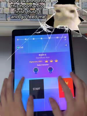 The image shows a tablet displaying a game interface. The screen is dominated by the game's layout featuring buttons and a score display. Hands are seen interacting with the screen, presumably playing the game. A cat image overlay is visible, as well as text overlay.
