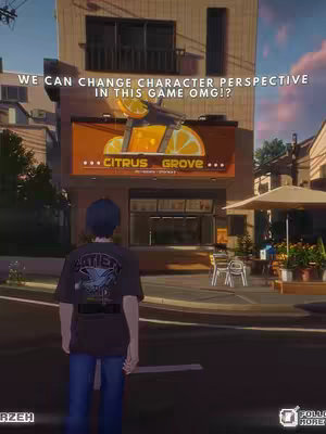 The cover image shows a scene from a video game, likely anime-inspired. The character, viewed from the back, is standing in front of a restaurant named \"Citrus Grove\". The background shows a realistic street setting with buildings and a bright sky. A text overlay is present at the top, drawing attention to the game's feature.
