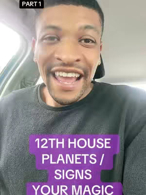 A man with short, dark hair is smiling in the front seat of a car. A purple overlay covers the bottom half of the image with text about planets and signs.
