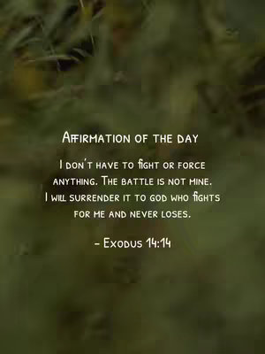 The image displays a blurred green background, possibly foliage, with text overlaid in white. The text is center-aligned, with the title "AFFIRMATION OF THE DAY" at the top, followed by a quote and reference to Exodus 14:14, used for daily affirmations.