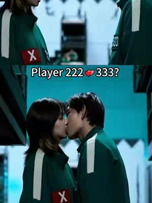 The cover image is a split screen showcasing a scene from the Squid Game series. The bottom half features a couple, a man and a woman, kissing, their faces close together. They are wearing the green tracksuits from the show. The top half shows two people wearing the same costumes looking in the same direction. In the middle of the image there is text overlayed.