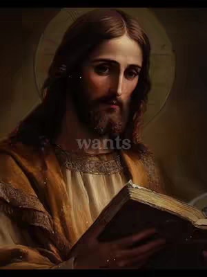 The image appears to be a classical religious painting of Jesus reading a book. Jesus has long brown hair and a beard, wearing a white robe and a golden cloak. A halo surrounds his head. The text "wants" is overlaid on the image in a white, sans-serif font.