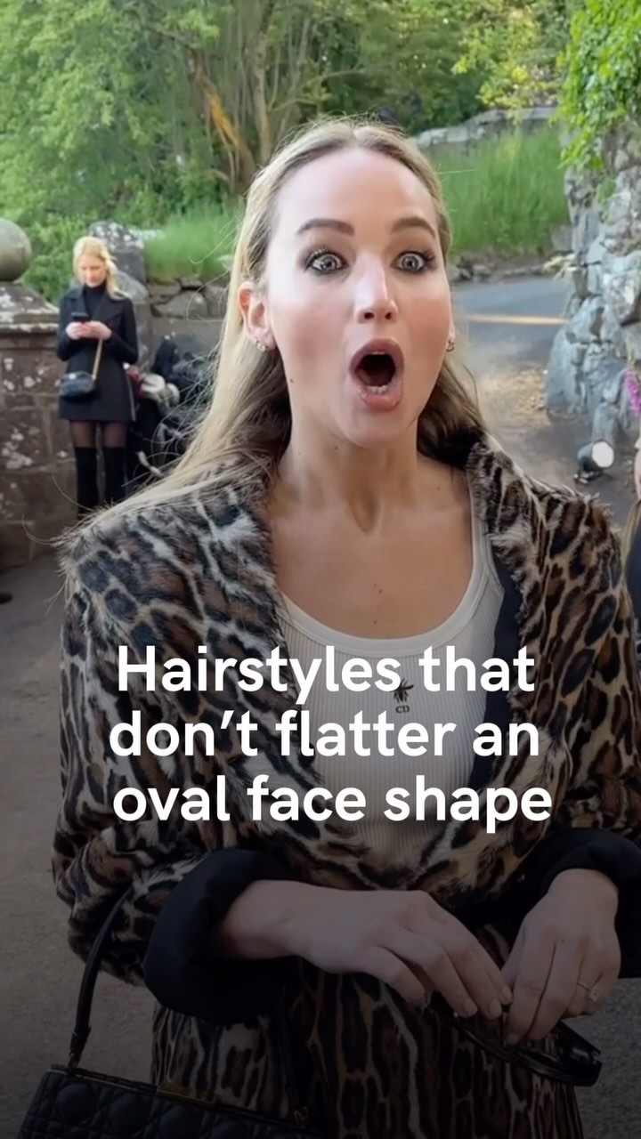 The cover image features a woman with blonde hair, wearing a leopard-print overcoat and a white top, with an open mouth and surprised expression. Text overlayed reads 'Hairstyles that don't flatter an oval face shape'. The background appears to be outdoors.
