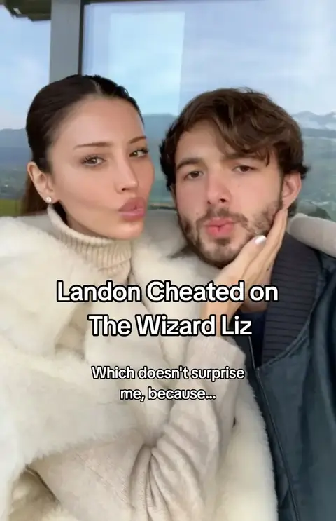 A selfie-style shot of a couple, with the female figure on the left puckering her lips and the male figure on the right gazing towards the camera and being touched by the female. Text overlays the image describing the relationship intrigue.