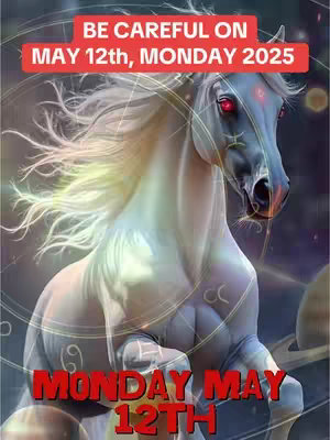 An artistic digital image featuring a white horse in a dynamic pose, set against a cosmic background of swirling colors and celestial elements. Overlaid with red text in a bold font, featuring a date and a warning.