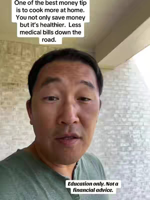 A man of Asian descent is centered in the frame, with a light brick wall visible behind him, and the top of a white structure. He appears to be speaking, and overlayed text is present with financial advice. Additionally, in the corner the text is overlayed stating that it is education only and not financial advice.
