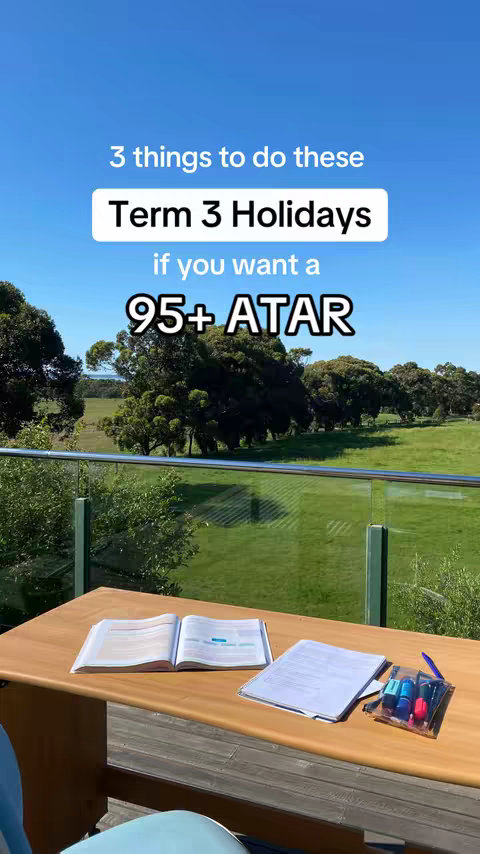 A sunny outdoor shot overlooking a green landscape. In the foreground, a wooden table holds open books, notes, and colorful markers. The sky is blue, and text overlays offer study focused advice.
