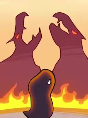 The cover image is an animated scene. In the image, there are two large, shadowy figures with jagged edges, likely representing monsters or intimidating presences. They are positioned on either side of a smaller, blob-like figure, which appears to be the central character. The background suggests a fiery environment with red and orange hues, possibly flames or a sunset. The overall composition conveys a sense of conflict or fear surrounding the central character.