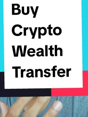 The image is a vertical composition with text overlayed on a background that appears to be a combination of blue, white, black, and red. A hand, partially visible from the bottom, seems to be holding the text. The text, in bold, capital letters, reads 'Buy Crypto Wealth Transfer'. The background colors form distinct sections. The overall design is simple, with the stark contrast of the text against the colored background to draw the viewer's attention.