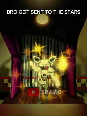 The image features a cartoon-style character resembling Foxy from the game Five Nights at Freddy's, standing on a stage setting. The character is white with a fox-like head, a red eye, and a robotic body. Gold stars and shining lights surround the character, suggesting transformation or a dramatic effect. The background includes stylized theatre curtains, vertical metal beams, and a bright circular light, which adds an immersive lighting effect. The Youtube logo is visible, integrated with a watermark at the bottom, showcasing the creator's username.