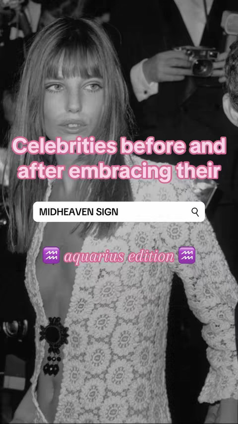 The image is a black and white photograph depicting a woman with long hair and bangs, dressed in a top with a floral pattern. Text overlays provide context, including "Celebrities before and after embracing their" and "MIDHEAVEN SIGN" within a search bar graphic and "aquarius edition."