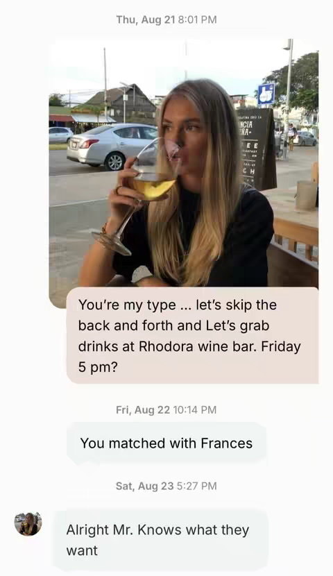A cover image showing a woman drinking wine at an outdoor cafe, with overlaid text appearing as chat bubbles.