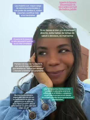 A woman with dark hair and a blue jean jacket is centered in the frame, looking at the viewer and slightly smiling. Overlayed on the image are text bubbles in different colors, containing text about numerology. The background is a blurred room interior. The overall composition is casual and conversational.