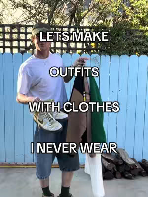 A person holds a pair of shoes and some clothes. Text overlayed on the image reads, 'LETS MAKE OUTFITS WITH CLOTHES I NEVER WEAR'. The background has a fence and trees.
