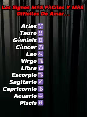 The cover image is vertically oriented with a dark, blurred background resembling a forest. At the top in large red text, it says: "Los Signos Más Fáciles Y Más Dificiles De Amar...". Below this is a list of zodiac signs from Aries to Piscis. The font is bold and white, with each sign accompanied by its symbol.