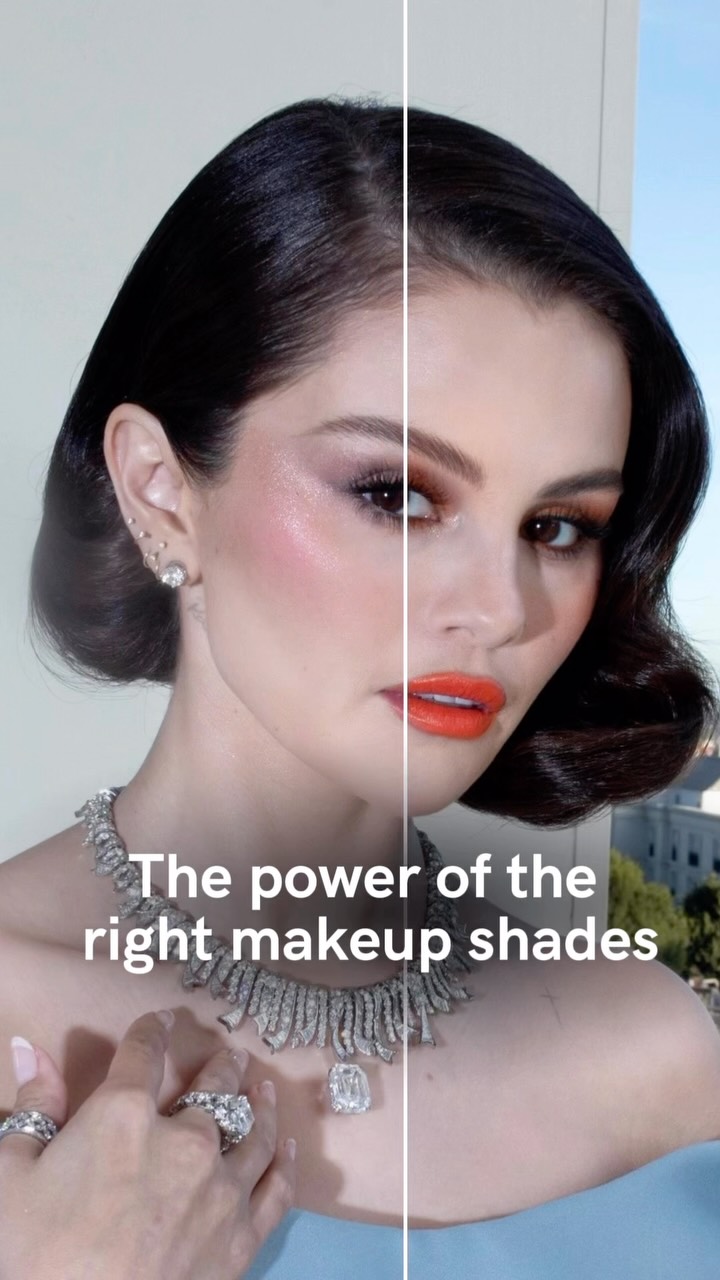 A split image showcases two makeup looks on the same person, segmented by a vertical white line. The left side features a soft pink blush, while the right side has a bolder, orange-red lip. Both sides share a background of a building.