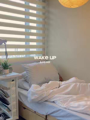 A bedroom illuminated by natural light from a window with blinds. The focus is on a bed with white linens, a striped pillow, and a portion of a person under the covers. A small side table with a plant is near the bed.