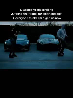 The image features three lines of text overlaid on a scene with two sports cars and two people. The scene is dimly lit with a blueish hue, suggesting a nighttime setting. Two individuals are present, one on each side of the frame, seemingly mid-motion. The text overlays are in a white sans-serif font, numbering the elements.  Each car is positioned near the center.