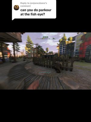 The cover image shows a first-person perspective of a video game scene in daylight. In the foreground, a wooden walkway with blurred lines provides a sense of movement. The background shows buildings and trees in a blurry state, suggesting speed. A dialogue box in the top left corner reads "can you do parkour at the fish eye?"