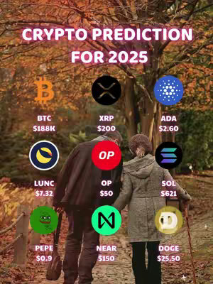 An image of a couple walking through an autumn landscape with cryptocurrency logos and price predictions overlaid, the main text is in a white font and positioned at the top in a curved layout, along with some circular icons related to crypto currencies with relevant information below them in small white texts.