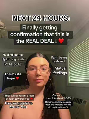 A woman with glasses, wearing a top that is partially off her shoulders, faces the camera. Text overlays include the phrase 'NEXT 24 HOURS:' and boxes containing terms such as 'Healing journey', 'Spiritual growth' and 'Faith being restored'. The background is a softly lit room.