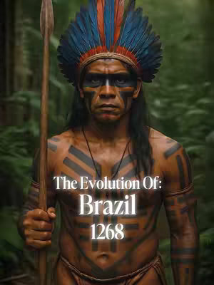 A digitally enhanced image featuring a man of indigenous appearance. He faces the viewer, adorned with a detailed headdress in blue and orange feathers, intricate face paint, and body markings. He holds a long spear and is set against a blurred forest background.