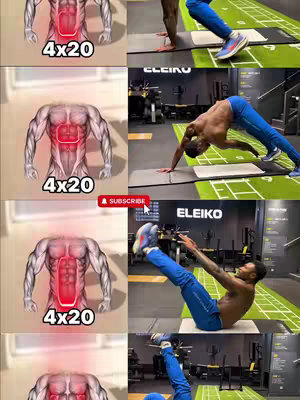 The cover image is a collage of images showing different workout activities. The left side displays an illustration of the human body with the muscles in the abdomen highlighted in red, and in each image illustration a text in the corner that says '4x20'. The right side showcases a man performing ab exercises in a gym with different camera angles.