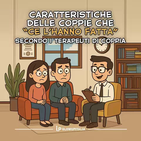 An illustrated image shows a couple sitting on a sofa, looking concerned, while a therapist with glasses listens attentively. The background includes a window and bookshelves.