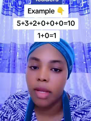 A woman with a blue headscarf looks directly at the camera, with a text overlay above her head showing a simple math example.