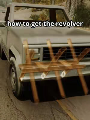 The cover image shows the front of an off-white pickup truck. The truck has a wooden structure attached to its front, likely for added protection. The text overlay reads 'how to get the revolver.' The background shows a blurred country road with few trees.