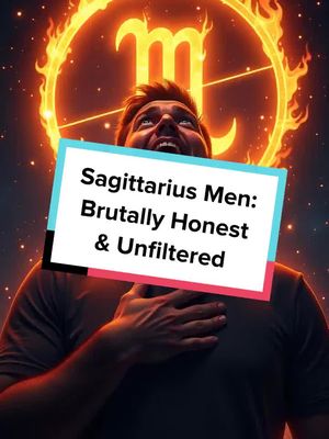 A digital artwork featuring a man looking upwards with an expression of intense emotion. Behind him is a golden circle design with flames and a symbol. Overlayed on the image is a rectangular box with text that reads "Sagittarius Men: Brutally Honest & Unfiltered".