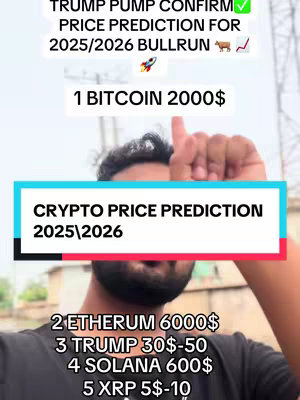 A selfie-style video cover image featuring a man pointing upwards. Overlaid text lists cryptocurrency price predictions for 2025/2026, and the man's face is in the foreground.