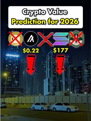 The cover image shows a cityscape at night with tall buildings and a road in the foreground. There are cars on the road and text overlaying the image with predictions about crypto values. A stop sign is visible on the right side of the image.