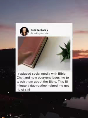 The image displays a styled social media post. The background is a gradient of blues and oranges suggesting a sunset or sunrise. A white rectangle in the center contains a profile picture and username, followed by a screenshot of an open book and plant. Below the screenshot, text details the creator's experience with a Bible-related routine.