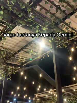 The image shows an outdoor setting at night, possibly a restaurant or patio, with a wooden trellis covered in greenery and string lights. The focus is on the overhead structures and the warm glow of the lights, creating a cozy, inviting atmosphere against the dark background.
