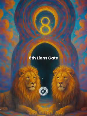 An AI-generated image featuring two golden lions facing each other against a backdrop of a gate structure and an upper circle. The lions are detailed, with golden manes. The gate resembles an infinity loop or figure eight, colored in shades of blue and purple, with a glowing yellow figure eight at the top.