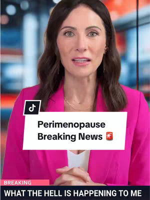 A woman with dark hair wearing a pink blazer appears to be in a news studio setting. The cover includes a lower-third text overlay that says
"BREAKING" followed by a longer text, "WHAT THE HELL IS HAPPENING TO ME". A white banner includes black text in a sans-serif font that says "Perimenopause Breaking News". A TikTok logo is in the upper left corner.