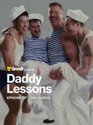 The image features five men in a bright, candid shot, likely staged for humor. They are grouped together, with some of them holding another. The subject is wearing a white hat and outfit resembling a sailor uniform. Above the group, there are white texts that read "Daddy Lessons", and below there is a brand's logo.