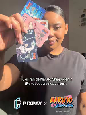 A woman with dark hair holds up several credit cards featuring Naruto Shippuden characters. The cards are pink, blue, and white, with various character illustrations. The woman is smiling at the camera. Below her, text about Naruto Shippuden is overlaid on the image, along with logos.