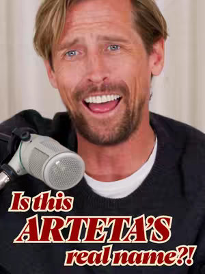 Peter Crouch smiling and holding a microphone, with a text overlay question about Mikel Arteta's name. The background is a soft, blurred neutral tone.