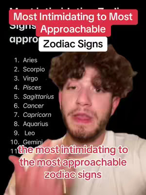 A young man with short curly brown hair and a white shirt looks directly at the camera. The background is black, with a layered text overlay in the upper and lower portions of the frame. The upper text is bright red with the title, and below, lists of zodiac signs. The composition is centered, with the man's face as the focal point.