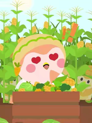 An animated illustration depicts a cartoon character in a field of corn. The character, resembling an owl with a hat and carrot, has heart-shaped eyes and is smiling, surrounded by corn stalks. A wooden box is filled with various vegetables in front of the character with exclamation marks in the background behind the character. The scene is bright and full of color, evoking a sense of cheerfulness and nature.